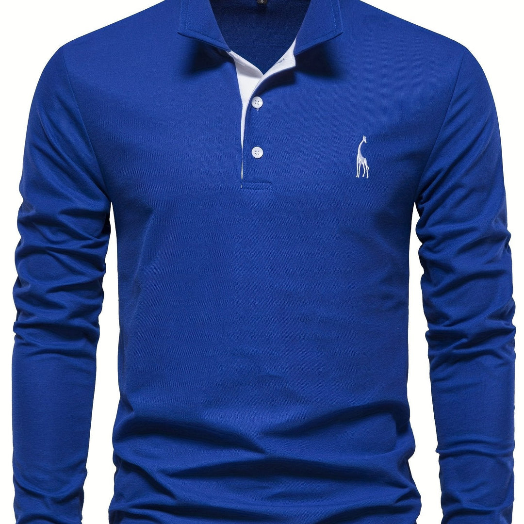 Herren Langarm Poloshirt mit Stickerei und Knopfleiste-S-Blau-Luzern Mode