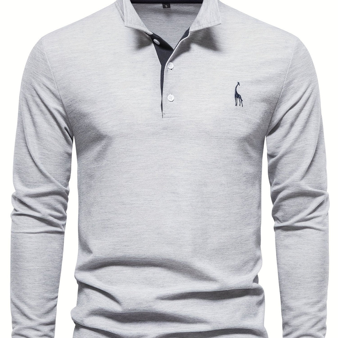 Herren Langarm Poloshirt mit Stickerei und Knopfleiste-S-Hellgrau-Luzern Mode