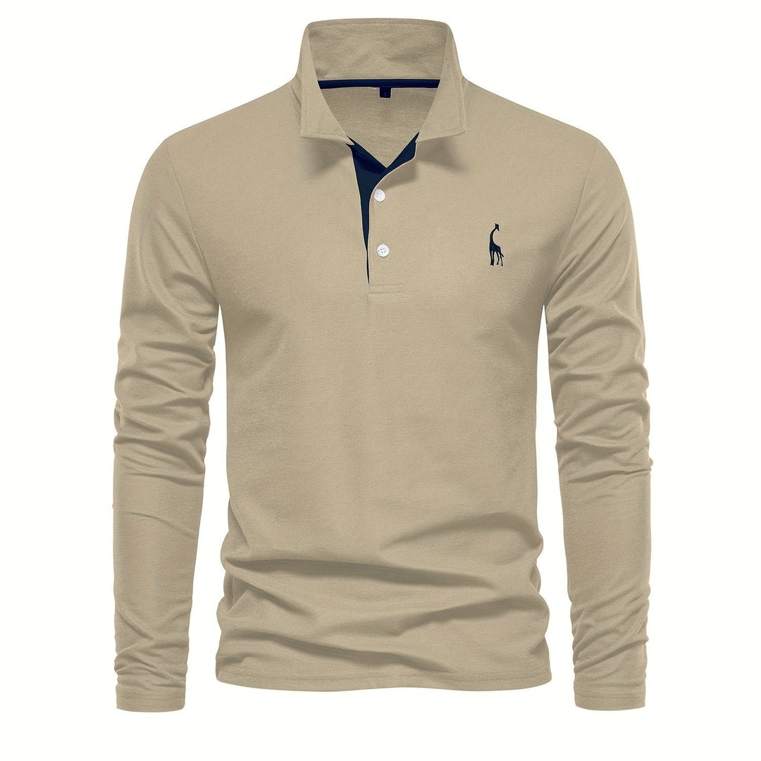 Herren Langarm Poloshirt mit Stickerei und Knopfleiste-S-Khaki-Luzern Mode
