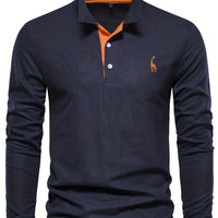 Herren Langarm Poloshirt mit Stickerei und Knopfleiste-S-Marineblau-Luzern Mode
