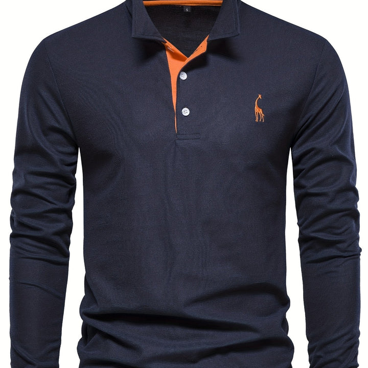 Herren Langarm Poloshirt mit Stickerei und Knopfleiste-S-Marineblau-Luzern Mode
