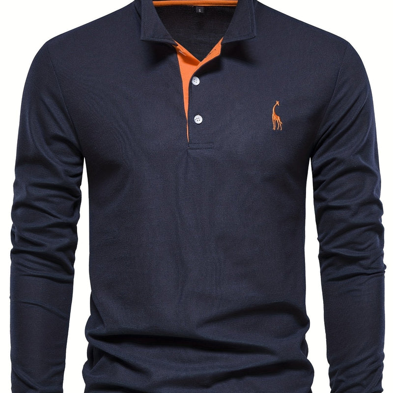 Herren Langarm Poloshirt mit Stickerei und Knopfleiste-S-Marineblau-Luzern Mode