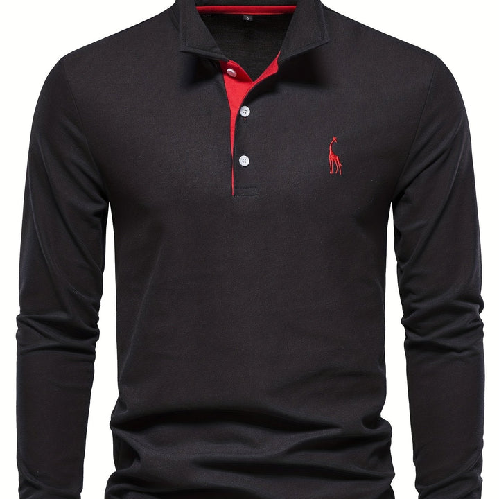 Herren Langarm Poloshirt mit Stickerei und Knopfleiste-S-Schwarz-Luzern Mode