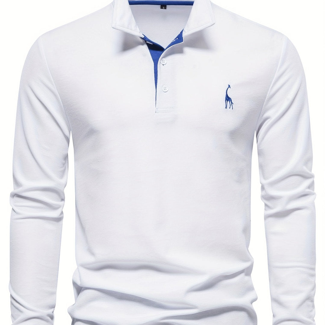 Herren Langarm Poloshirt mit Stickerei und Knopfleiste-S-Weiß-Luzern Mode