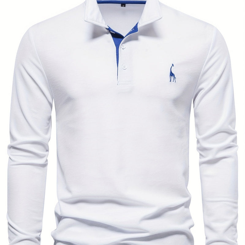 Herren Langarm Poloshirt mit Stickerei und Knopfleiste-S-Weiß-Luzern Mode