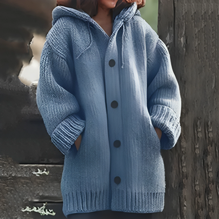 SEO-freundlicher Titel: Damen Strickjacke mit Kapuze und Knöpfen - Warm & Stilvoll-Blau-S-Luzern Mode
