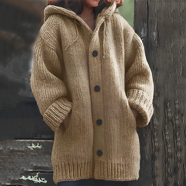 SEO-freundlicher Titel: Damen Strickjacke mit Kapuze und Knöpfen - Warm & Stilvoll-Braun-S-Luzern Mode