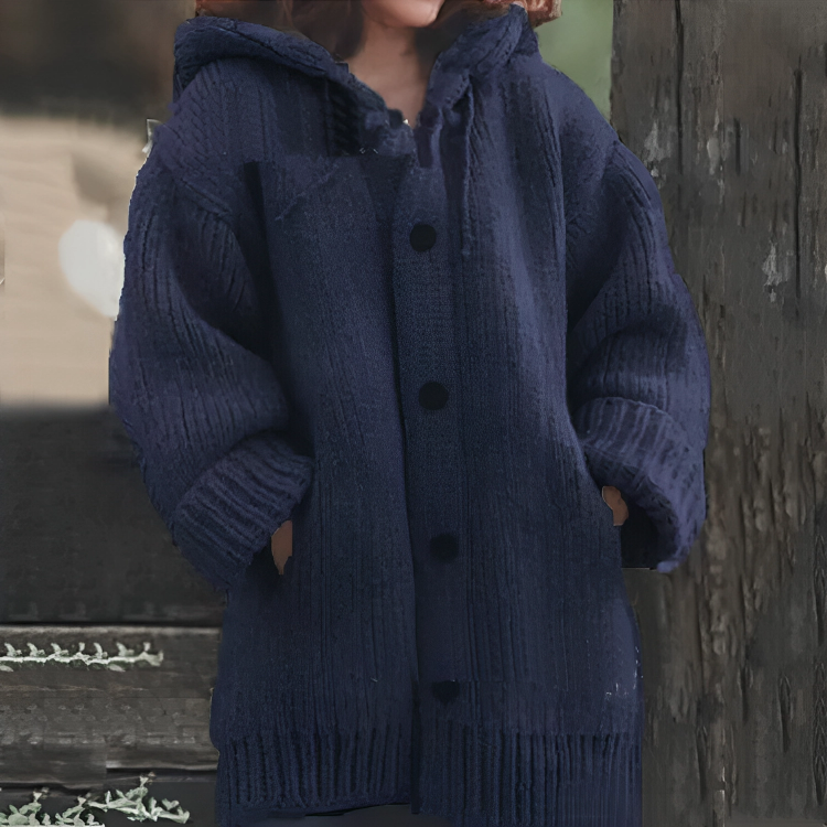 SEO-freundlicher Titel: Damen Strickjacke mit Kapuze und Knöpfen - Warm & Stilvoll-Dunkelblau-S-Luzern Mode