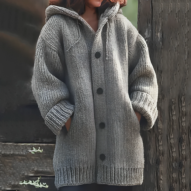 SEO-freundlicher Titel: Damen Strickjacke mit Kapuze und Knöpfen - Warm & Stilvoll-Grau-S-Luzern Mode