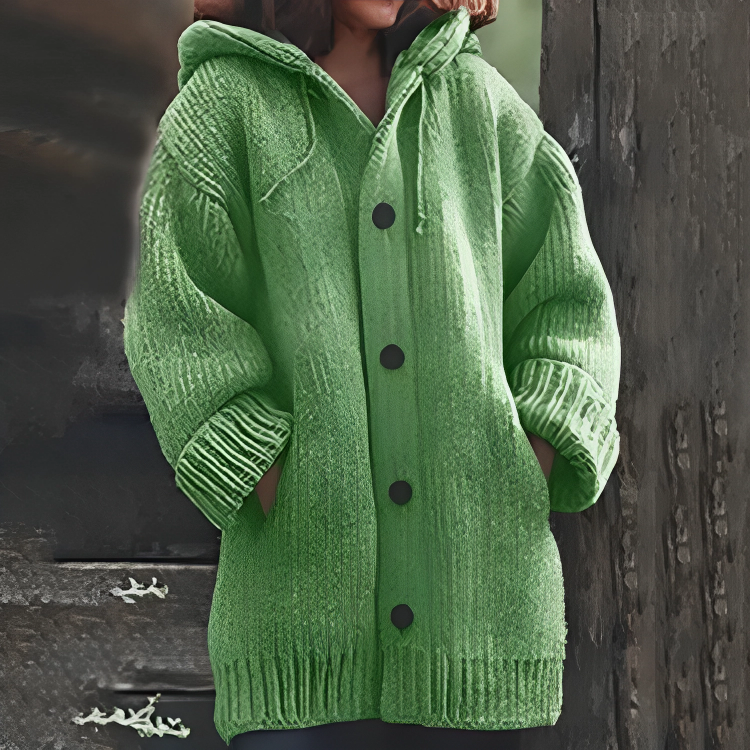 SEO-freundlicher Titel: Damen Strickjacke mit Kapuze und Knöpfen - Warm & Stilvoll-Grün-S-Luzern Mode