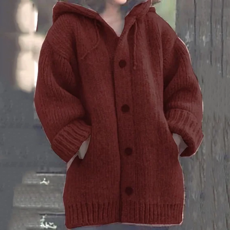 SEO-freundlicher Titel: Damen Strickjacke mit Kapuze und Knöpfen - Warm & Stilvoll-Rot-S-Luzern Mode