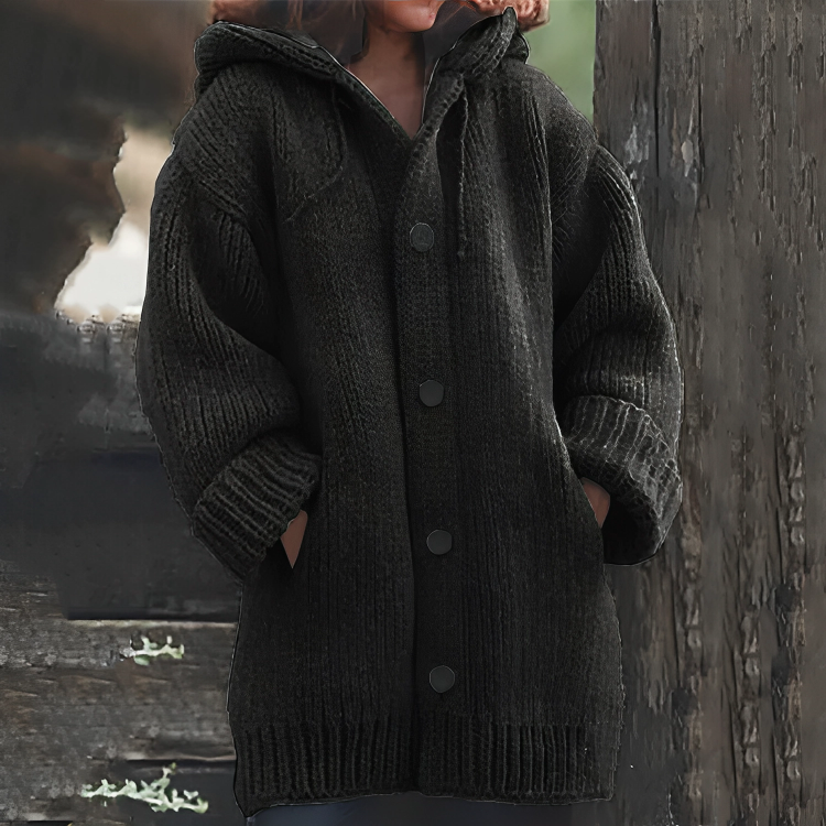 SEO-freundlicher Titel: Damen Strickjacke mit Kapuze und Knöpfen - Warm & Stilvoll-Schwarz-S-Luzern Mode