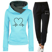 Damen Jogginganzug | 2-teilig | Herzprint | Kapuze | Locker sitzend | Warm-Blau-S-Luzern Mode
