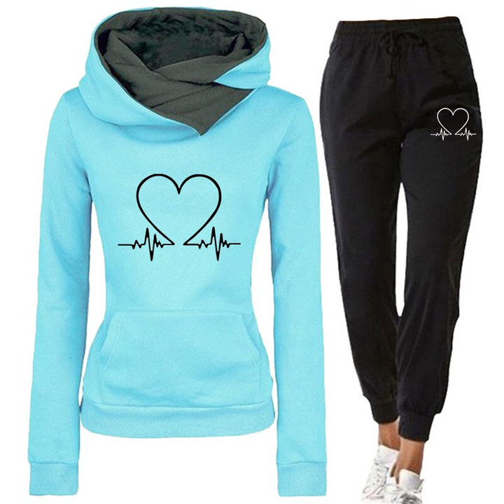 Damen Jogginganzug | 2-teilig | Herzprint | Kapuze | Locker sitzend | Warm-Blau-S-Luzern Mode