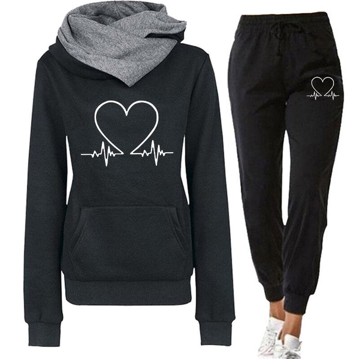 Damen Jogginganzug | 2-teilig | Herzprint | Kapuze | Locker sitzend | Warm-Schwarz-S-Luzern Mode