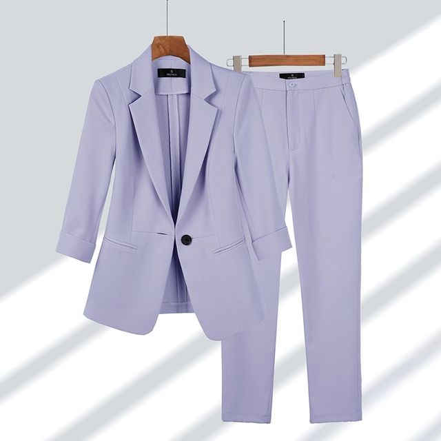 Damen Blazer Hose Set Business Anzug Büro Mode-Lila-S-Luzern Mode