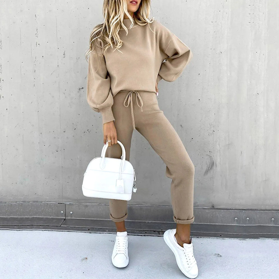 Damen Jogginganzug | 2-teilig | Locker sitzend | Lange Ärmel | Einfarbig-Beige-S-Luzern Mode