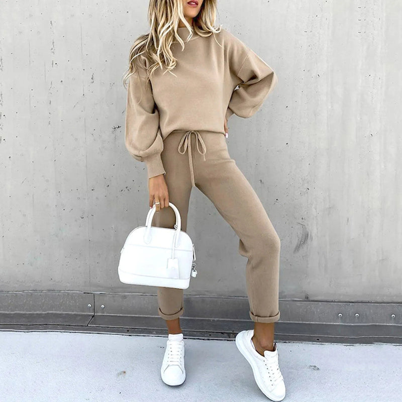 Damen Jogginganzug | 2-teilig | Locker sitzend | Lange Ärmel | Einfarbig-Beige-S-Luzern Mode