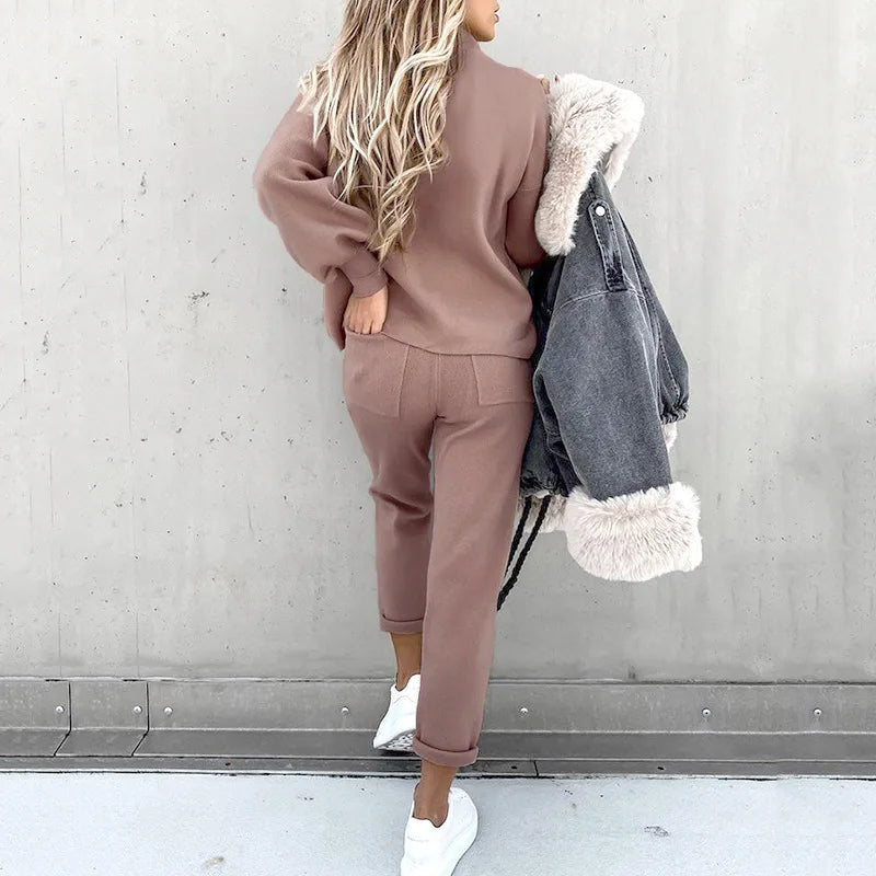 Damen Jogginganzug | 2-teilig | Locker sitzend | Lange Ärmel | Einfarbig-Kaffee-S-Luzern Mode
