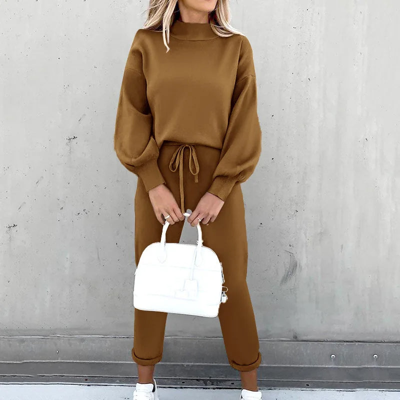 Damen Jogginganzug | 2-teilig | Locker sitzend | Lange Ärmel | Einfarbig-Khaki-S-Luzern Mode