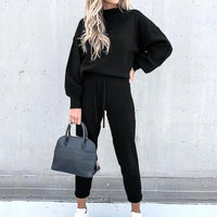 Damen Jogginganzug | 2-teilig | Locker sitzend | Lange Ärmel | Einfarbig-Schwarz-S-Luzern Mode