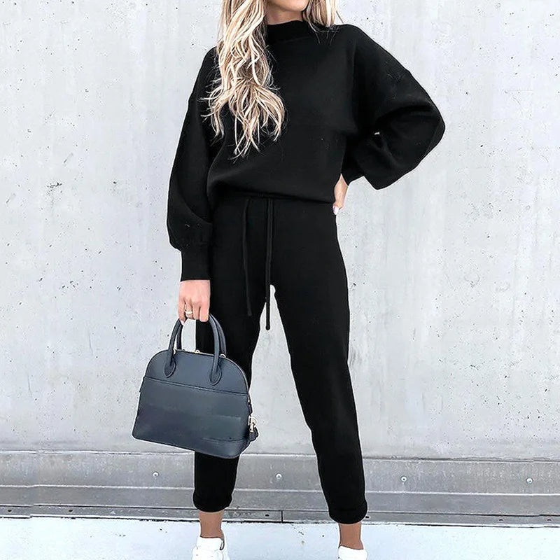 Damen Jogginganzug | 2-teilig | Locker sitzend | Lange Ärmel | Einfarbig-Schwarz-S-Luzern Mode