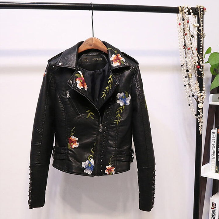 Damen Kunstlederjacke | Vegan | Kurz | Frontreißverschluss | Bestickt-Schwarz-S-Luzern Mode
