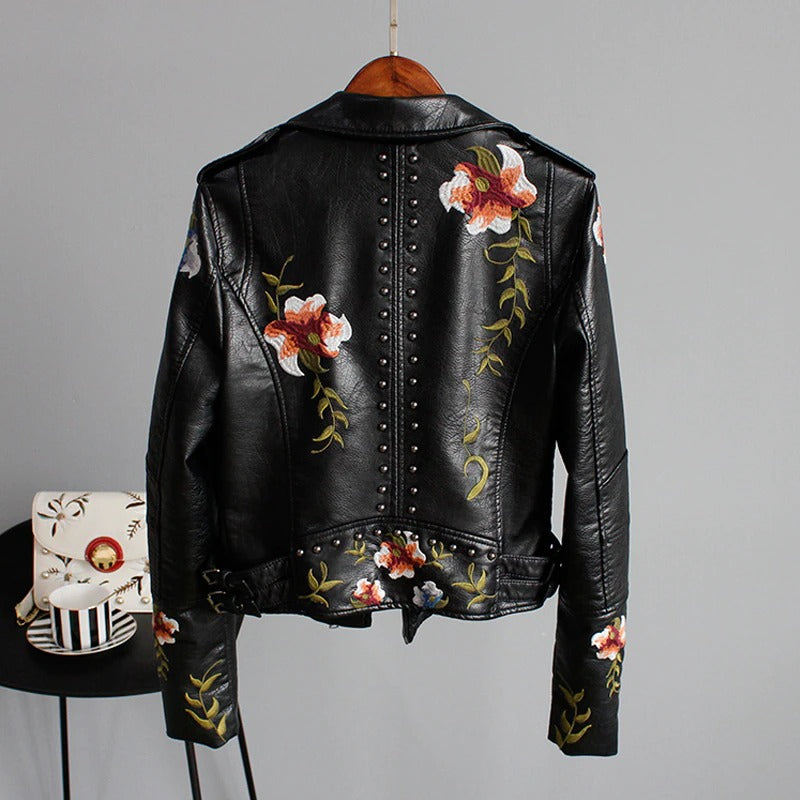 Damen Kunstlederjacke | Vegan | Kurz | Frontreißverschluss | Bestickt-Luzern Mode