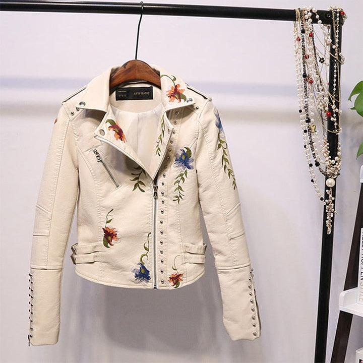 Damen Kunstlederjacke | Vegan | Kurz | Frontreißverschluss | Bestickt-Weiß-S-Luzern Mode