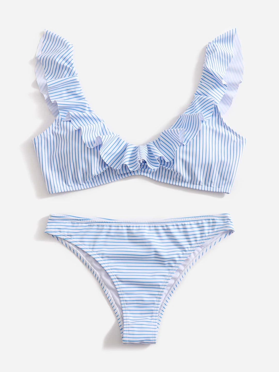 Blau-Weiße Gestreifte Bikini | Fransen | V-Ausschnitt | Geformt | Schnell trocknend-Luzern Mode