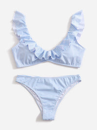 Blau-Weiße Gestreifte Bikini | Fransen | V-Ausschnitt | Geformt | Schnell trocknend-Luzern Mode