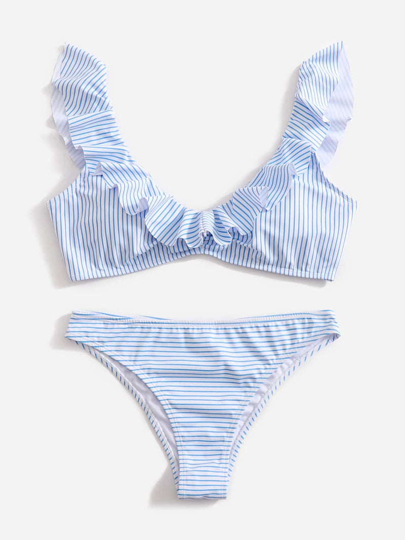 Blau-Weiße Gestreifte Bikini | Fransen | V-Ausschnitt | Geformt | Schnell trocknend-Luzern Mode