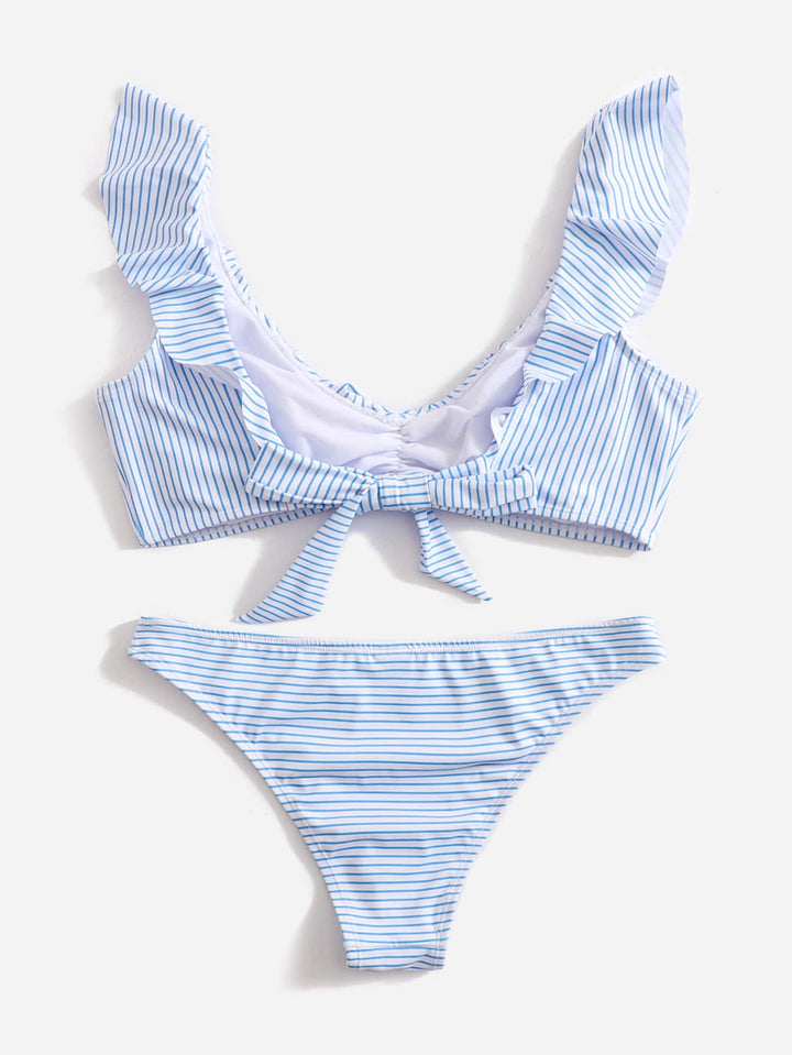 Blau-Weiße Gestreifte Bikini | Fransen | V-Ausschnitt | Geformt | Schnell trocknend-Luzern Mode