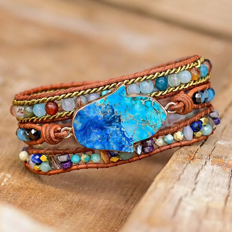 Edelstein-Wickelarmband | Türkis Boho Handgefertigt Hamsa Stilvoll-Luzern Mode