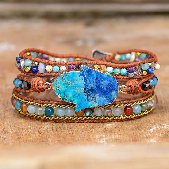 Edelstein-Wickelarmband | Türkis Boho Handgefertigt Hamsa Stilvoll-Luzern Mode