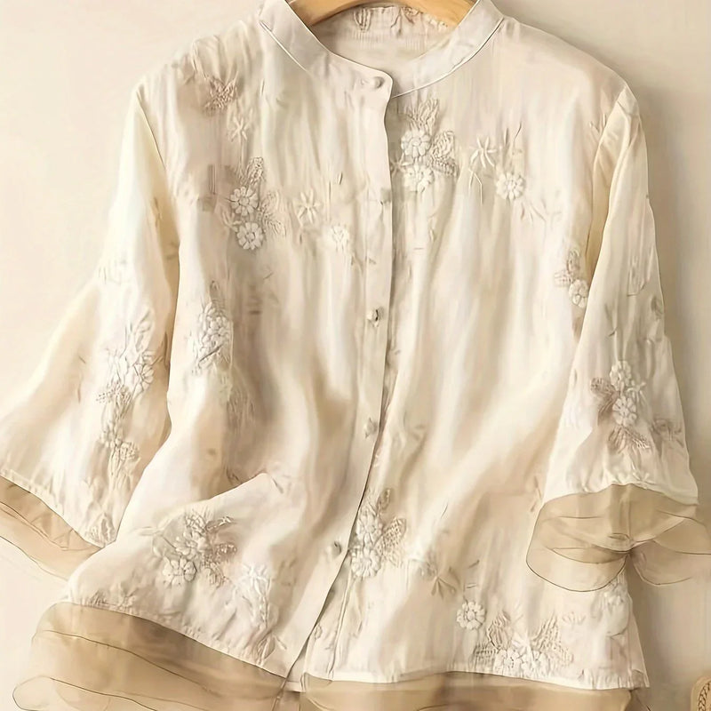 Leinenbluse Damen mit Stickerei - Elegante Sommermode-M-Aprikose-Luzern Mode