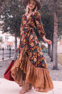 Boho Maxikleid mit Blumenmuster und Volant-Details-Tintenblau (fast ausverkauft)-S-Luzern Mode
