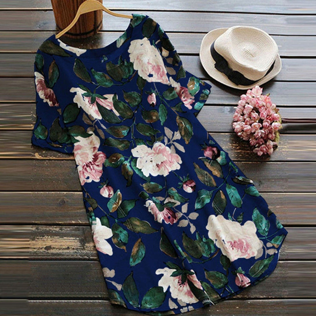 Sommerkleid Damen | Blumenmuster | Kurzarm | Freizeit | luftiger Schnitt-Blau-S-Luzern Mode