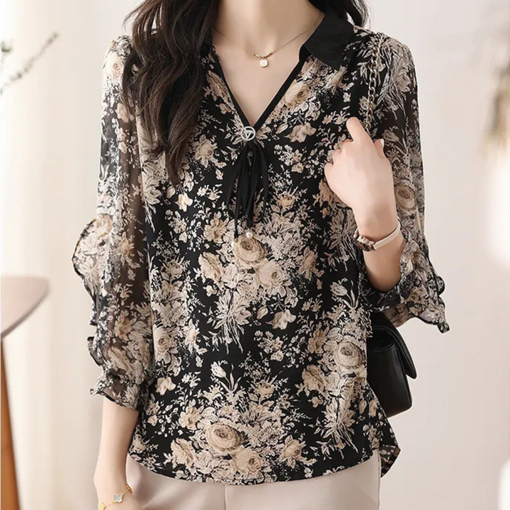 Elegante Damenbluse mit Blumendruck und V-Ausschnitt-Luzern Mode
