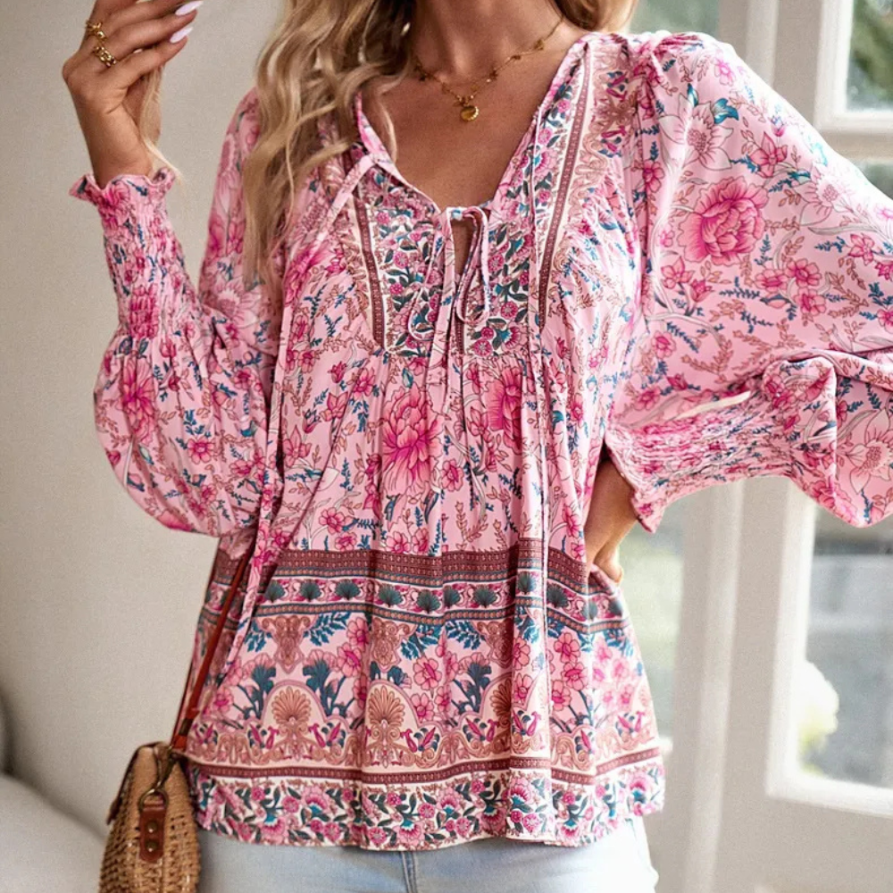 Boho Damenbluse mit Blumenmuster und V-Ausschnitt-Luzern Mode