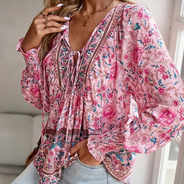 Boho Damenbluse mit Blumenmuster und V-Ausschnitt-Luzern Mode
