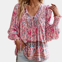 Boho Damenbluse mit Blumenmuster und V-Ausschnitt-XS-Luzern Mode