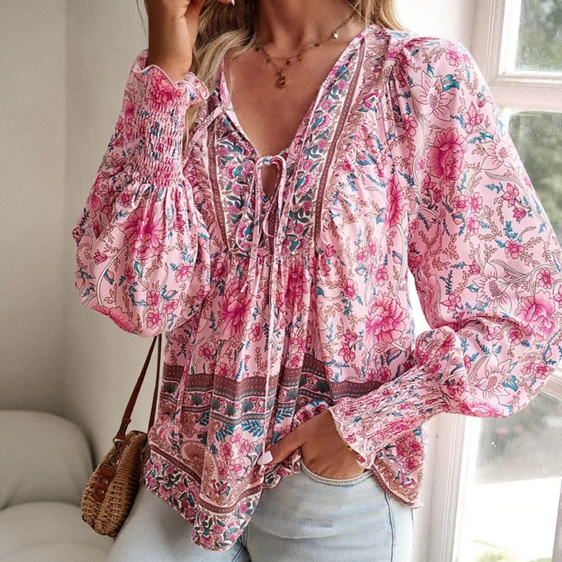 Boho Damenbluse mit Blumenmuster und V-Ausschnitt-Luzern Mode