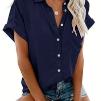Damen Sommerbluse mit Knopfleiste und Kurzarm Design-S-Marineblau-Luzern Mode