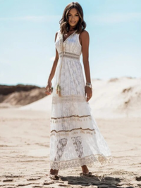 Weißes Maxi-Kleid | Boho | Ärmellos | Knöchellang | V-Ausschnitt | Locker sitzend-Luzern Mode
