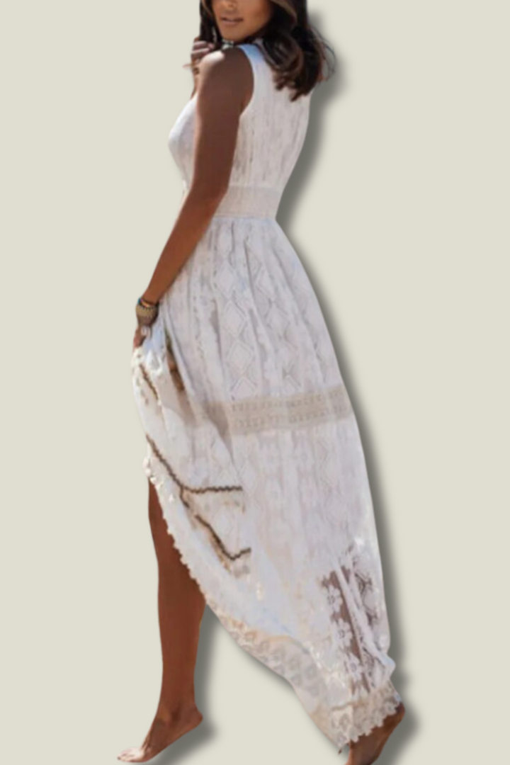 Weißes Maxi-Kleid | Boho | Ärmellos | Knöchellang | V-Ausschnitt | Locker sitzend-Luzern Mode