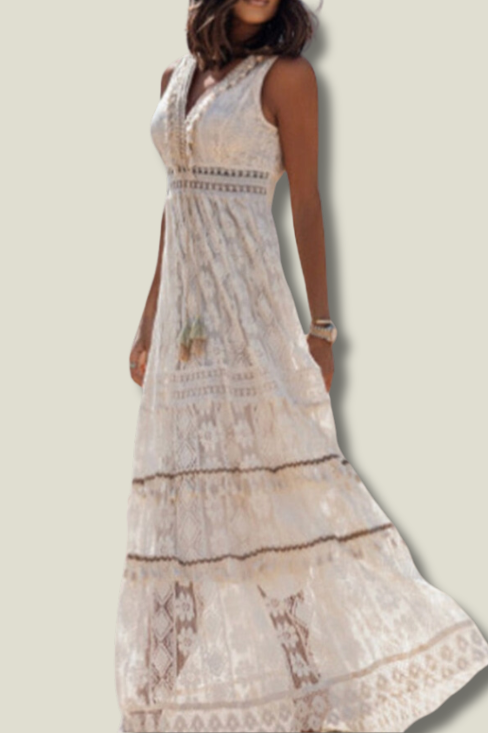 Weißes Maxi-Kleid | Boho | Ärmellos | Knöchellang | V-Ausschnitt | Locker sitzend-Luzern Mode