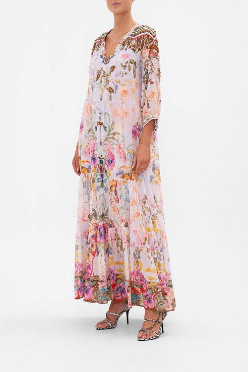 Maxi-Kleid mit Blumenmuster | Weiß | Lange Ärmel | Lässig | Leinen-M-Luzern Mode