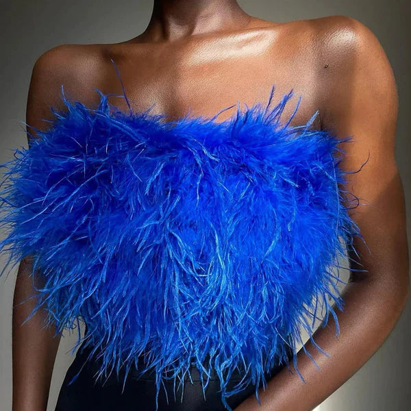 Damen Bandeau-Top | Federn | Boho | Strapless | Auffällig | Elastisch-Blau-S-Luzern Mode