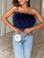 Damen Bandeau-Top | Federn | Boho | Strapless | Auffällig | Elastisch-Dunkelblau-S-Luzern Mode